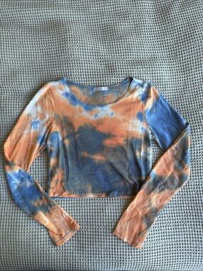 Noble U Orange and Blue Tie-Dye waffle knit Crop Long Sleeve Top